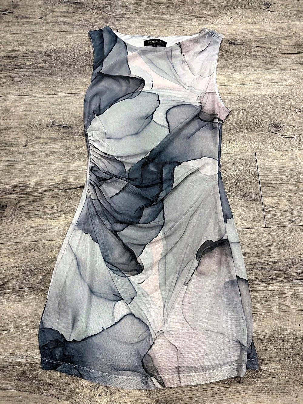 Dynamite Katia Ruched Mesh Mini Dress Gray & Pink Medium Like New